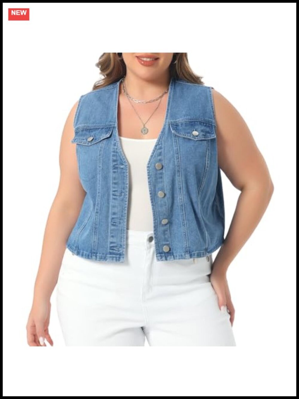 Plus Size Sleeveless Denim Vest V Neck Button Down Casual